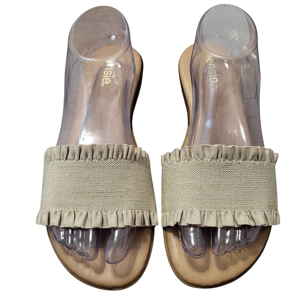 Kensie Womens Beige Ruffle Slide Sandals Flat Shimmer Bakota Summer Shoes 9